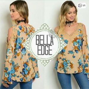 Tan & Blue Floral Lace Cold Shoulder Boho Blouse